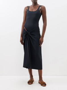 Платье миди из джерси с овальным вырезом и завязкой на талии Versace, черный