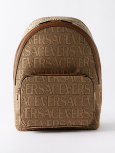 Рюкзак из жаккардовой парусины с кожаной отделкой и логотипом Versace, коричневый