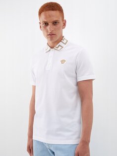 Рубашка-поло из хлопкового пике с вышивкой medusa head Versace, белый