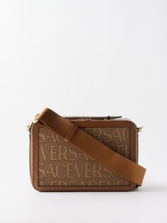 Холщовая сумка через плечо с жаккардовой кожаной отделкой и логотипом Versace, коричневый