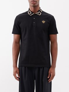 Рубашка-поло из хлопка с вышивкой medusa greca Versace, черный