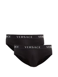 Комплект из двух жаккардовых трусов с логотипом из смесового хлопка. Versace, черный