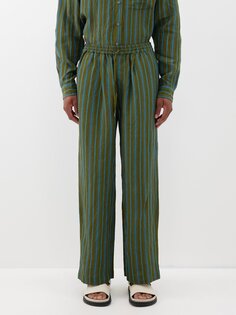 Льняные костюмные брюки в полоску на кулиске Itoh, зеленый