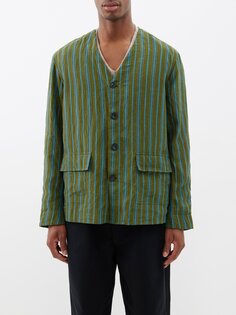 Льняная куртка без воротника в полоску Itoh, зеленый