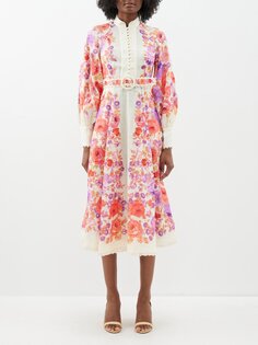 Льняное платье миди raie с цветочным принтом и поясом Zimmermann, белый