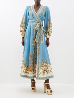 Платье миди с запахом и ситцевым хлопковым принтом Zimmermann, синий