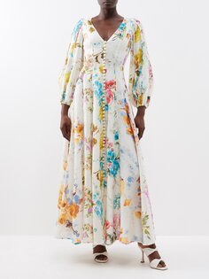 Льняное платье макси halcyon с цветочным принтом Zimmermann, белый