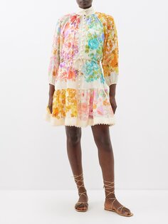 Льняное платье-рубашка raie мини с цветочным принтом Zimmermann, бежевый
