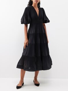Плиссированное платье миди с объемными рукавами Zimmermann, черный