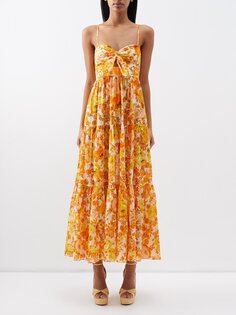 Льняное платье миди raie с завязками спереди и цветочным принтом Zimmermann, оранжевый