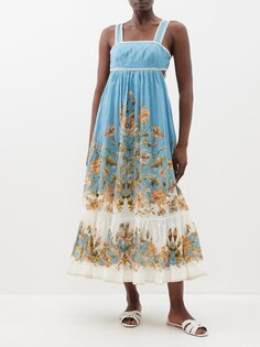 Ситцевое льняное платье миди с вырезами и принтом Zimmermann, синий