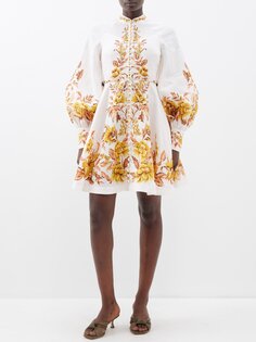 Льняное платье мини vacay с объемными рукавами и цветочным принтом Zimmermann, белый