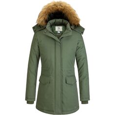 Куртка WenVen Winter Thickened Warm Mid Length Windproof and Waterproof With a Detachable Fur Hat, зеленый
