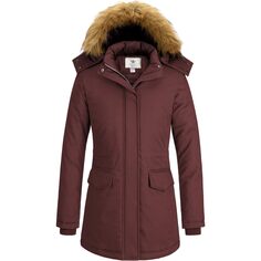 Куртка WenVen Winter Thickened Warm Mid Length Windproof and Waterproof With a Detachable Fur Hat, бордовый