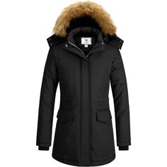 Куртка WenVen Winter Thickened Warm Mid Length Windproof and Waterproof With a Detachable Fur Hat, черный