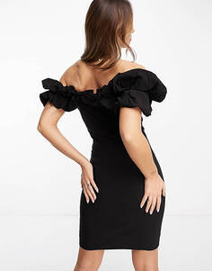Черное эластичное облегающее платье мини с открытыми плечами и оборками YAS Y.A.S