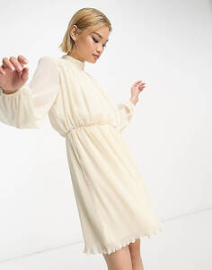 Кремовое плиссированное платье мини с высоким воротником Selected Femme