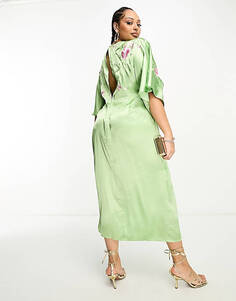 Зеленое атласное платье миди с рукавами-кимоно и вышивкой ASOS DESIGN Curve Curve
