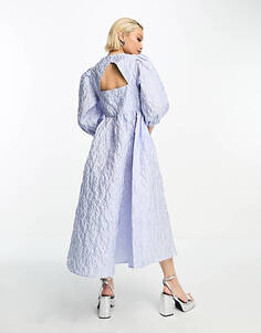 Синее фактурное жаккардовое платье миди с квадратным вырезом Selected Femme