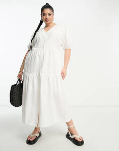 Белое ярусное платье миди на пуговицах In The Style Plus x Jac Jossa