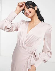 Атласное платье макси с длинными рукавами TFNC Bridesmaid розового норки