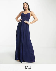 Темно-синее плиссированное платье макси с запахом спереди TFNC Tall Bridesmaid