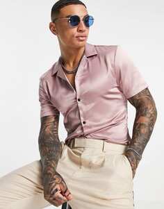 Темно-розовая узкая атласная рубашка с воротником-стойкой ASOS DESIGN