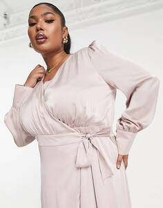 Атласное платье макси с длинными рукавами TFNC Plus Bridesmaid норково-розового цвета