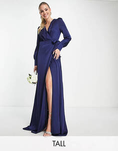 Темно-синее атласное платье макси с длинными рукавами TFNC Tall Bridesmaid