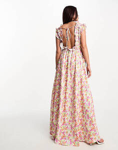 Разноцветное платье макси с овальным вырезом и акварельным цветочным принтом The Frolic