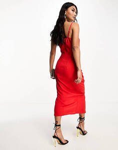 Красное платье миди со сборками и разрезом спереди In The Style x Gemma Atkinson