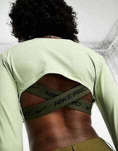 Светло-зеленый укороченный топ с длинными рукавами Nike Pro Training Femme Dri-Fit