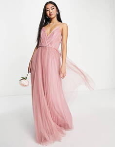 Розовое платье макси из тюля со складками ASOS DESIGN Bridesmaid