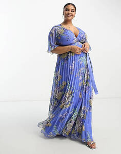 Эксклюзивное плиссированное платье макси синего цвета с рукавами-кимоно и завязкой на талии ASOS DESIGN Curve