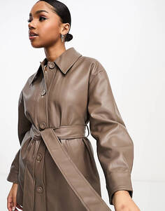 Пальто из искусственной кожи Urban Revivo коричневого цвета хаки