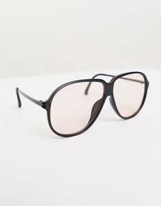 Солнцезащитные очки-авиаторы в ретро-стиле ASOS DESIGN в черной матовой оправе с розовыми линзами