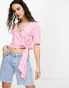Блузка в розовую полоску с короткими рукавами и эффектным воротником в винтажном стиле Reclaimed Vintage