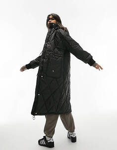 Черная длинная стеганая куртка-пуховик с капюшоном Topshop