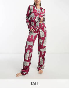 Пижамный комплект из топа и брюк премиум-класса Chelsea Peers Tall из атласа Revere с винным леопардовым принтом