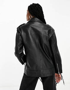 Черная оверсайз-байкерская куртка премиум-класса из натуральной кожи ASOS DESIGN