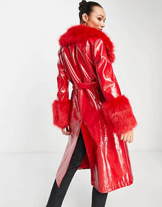 Красное длинное пальто из искусственной кожи с отделкой из искусственного меха Topshop
