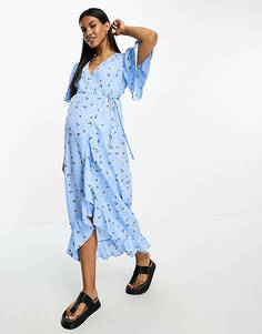 Синее чайное платье макси с запахом спереди для беременных Vero Moda с цветочным принтом