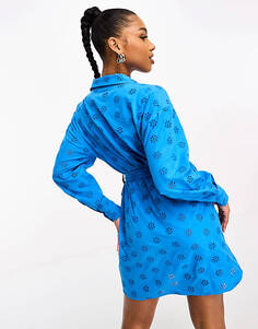Синее платье-рубашка с завязкой на талии потертого шитья Threadbare