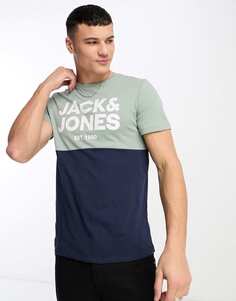 Бледно-зеленая и темно-синяя футболка в стиле колор-блок Jack &amp; Jones