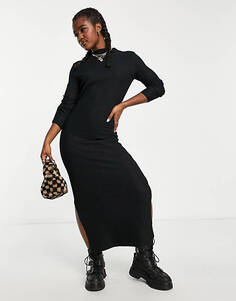 Эксклюзивное черное трикотажное платье макси с высоким воротником Pieces