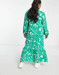 Зеленое свободное платье макси с высоким воротником и абстрактным принтом ASOS DESIGN Curve