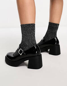 Черные лакированные туфли на массивном каблуке Мэри Джейн ASOS DESIGN Wide Fit Sebastian