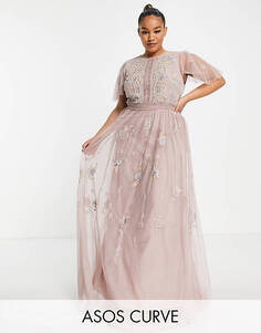 Розовое платье макси с развевающимися рукавами и цветочной вышивкой ASOS DESIGN Curve Bridesmaid