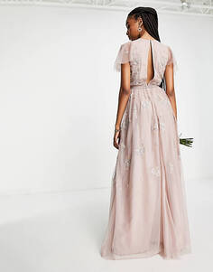 Розовое платье макси с развевающимися рукавами и цветочной вышивкой ASOS DESIGN Tall Bridesmaid