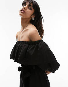 Черное платье миди с открытыми плечами Topshop